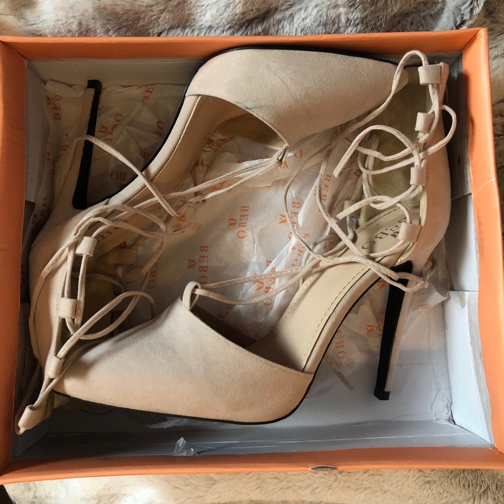 Suede Nude Lace Up Heels - UK 7